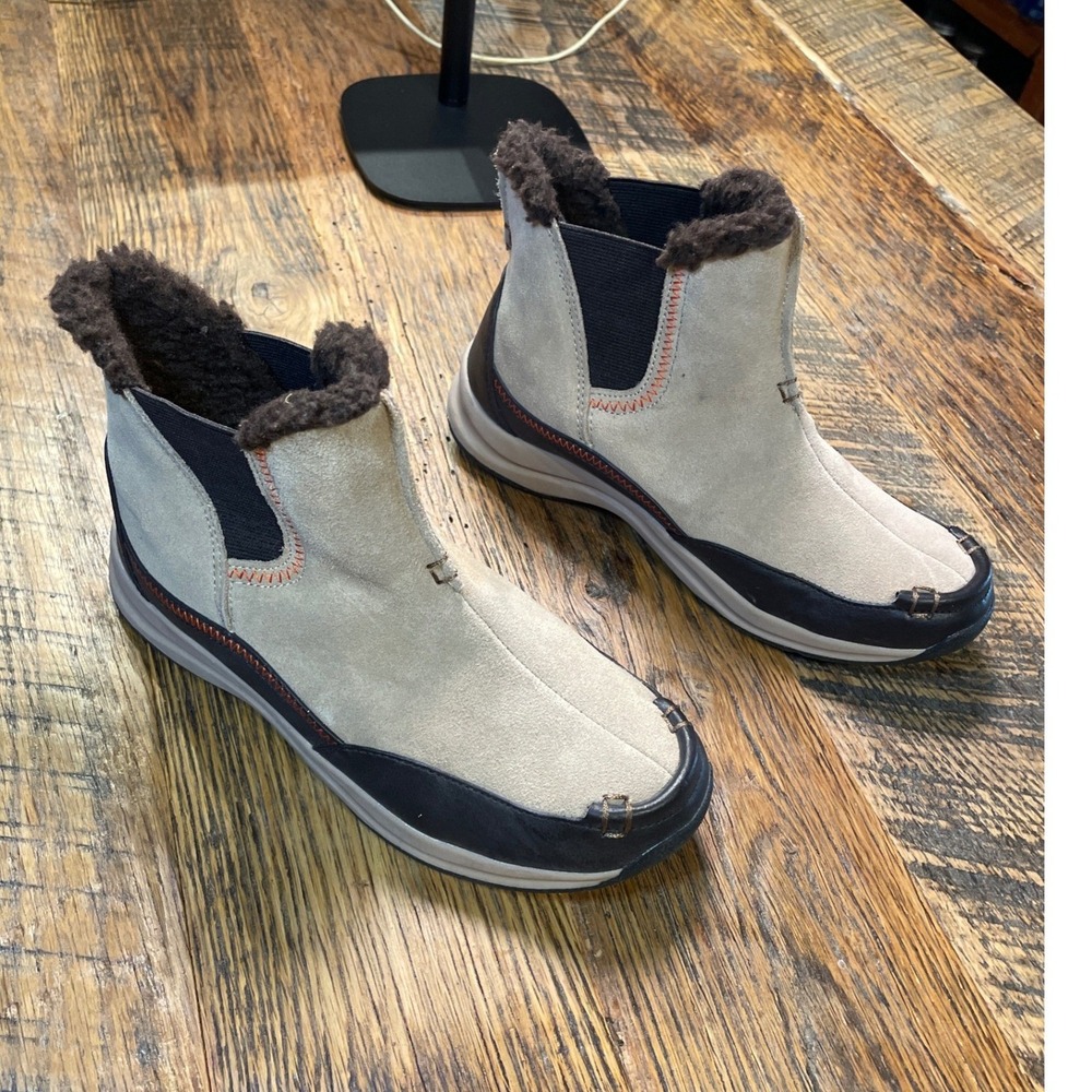 Lands End Women Suede‎ Faux Fur Lined Chelsea Ankle Boots Gray Brown Cozy Size 6